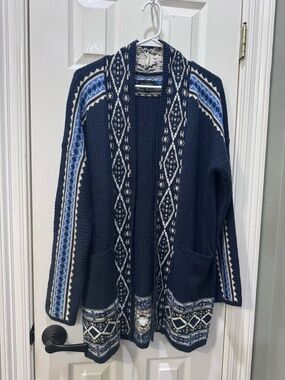 Lucky Brand Navy Fair Isle Open-Front Cardigan with Blue and Cream Accents